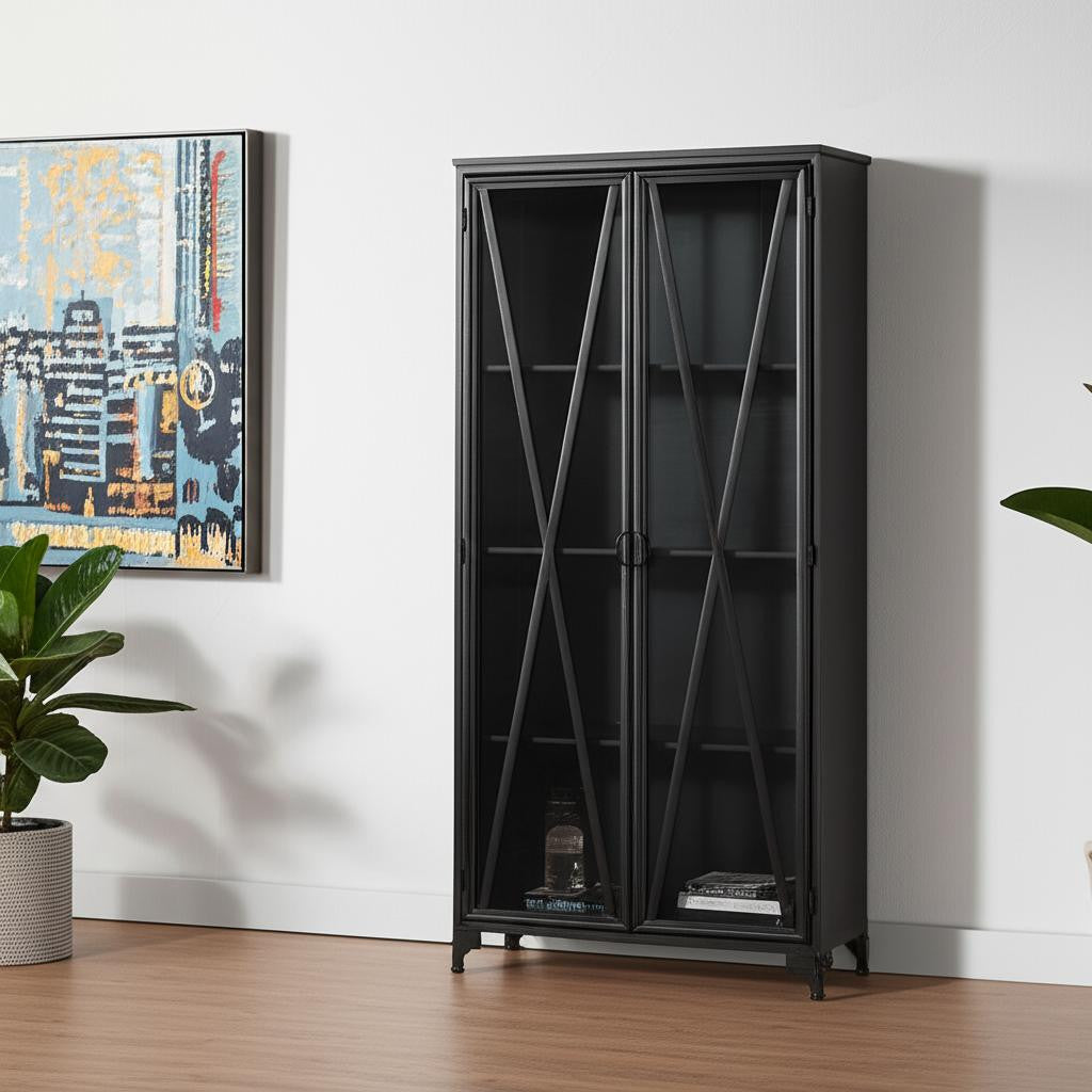 38 Black Glass and Metal Display Cabinet With Two Doors