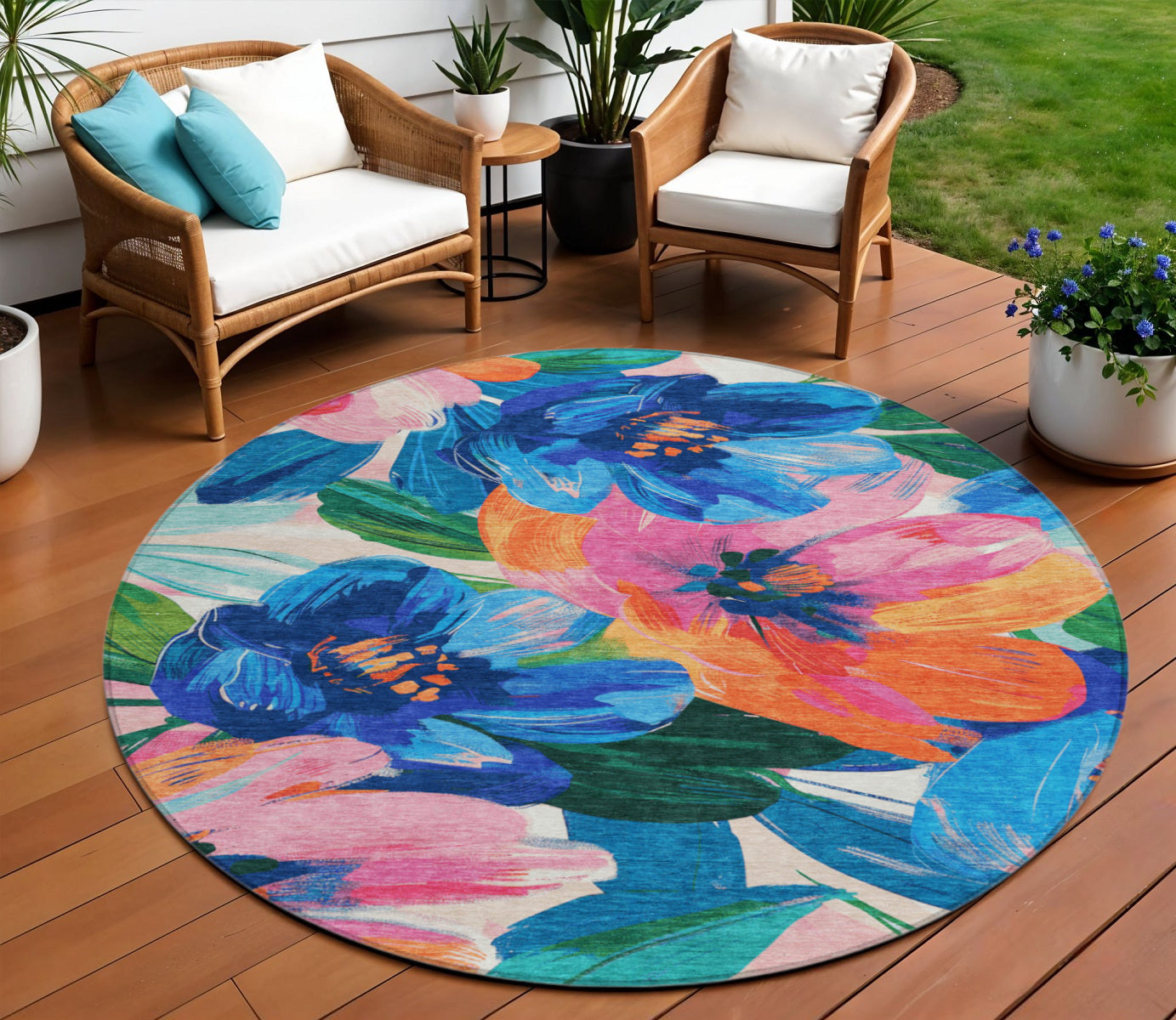 8 Navy Blue And Sky Blue Round Floral Washable Indoor Outdoor Area Rug