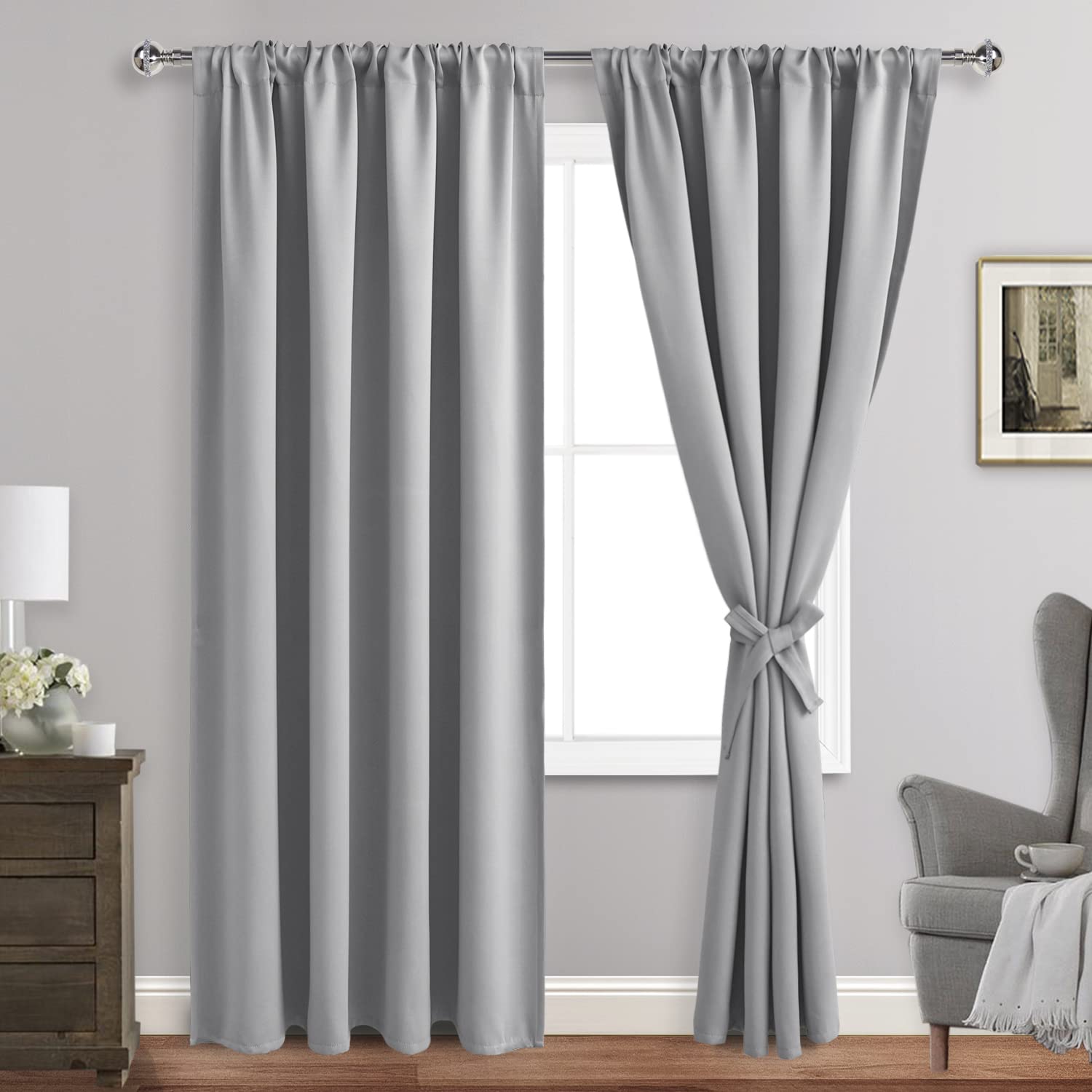 Jiuzhen Silver Grey Curtains For Living Room - Thermal Insulated Blackout Curtains With Tiebacks 2 Panels, Room Darkening Rod Pocket Curtains For Bedroom Office, 52 X 96 Inch Length
