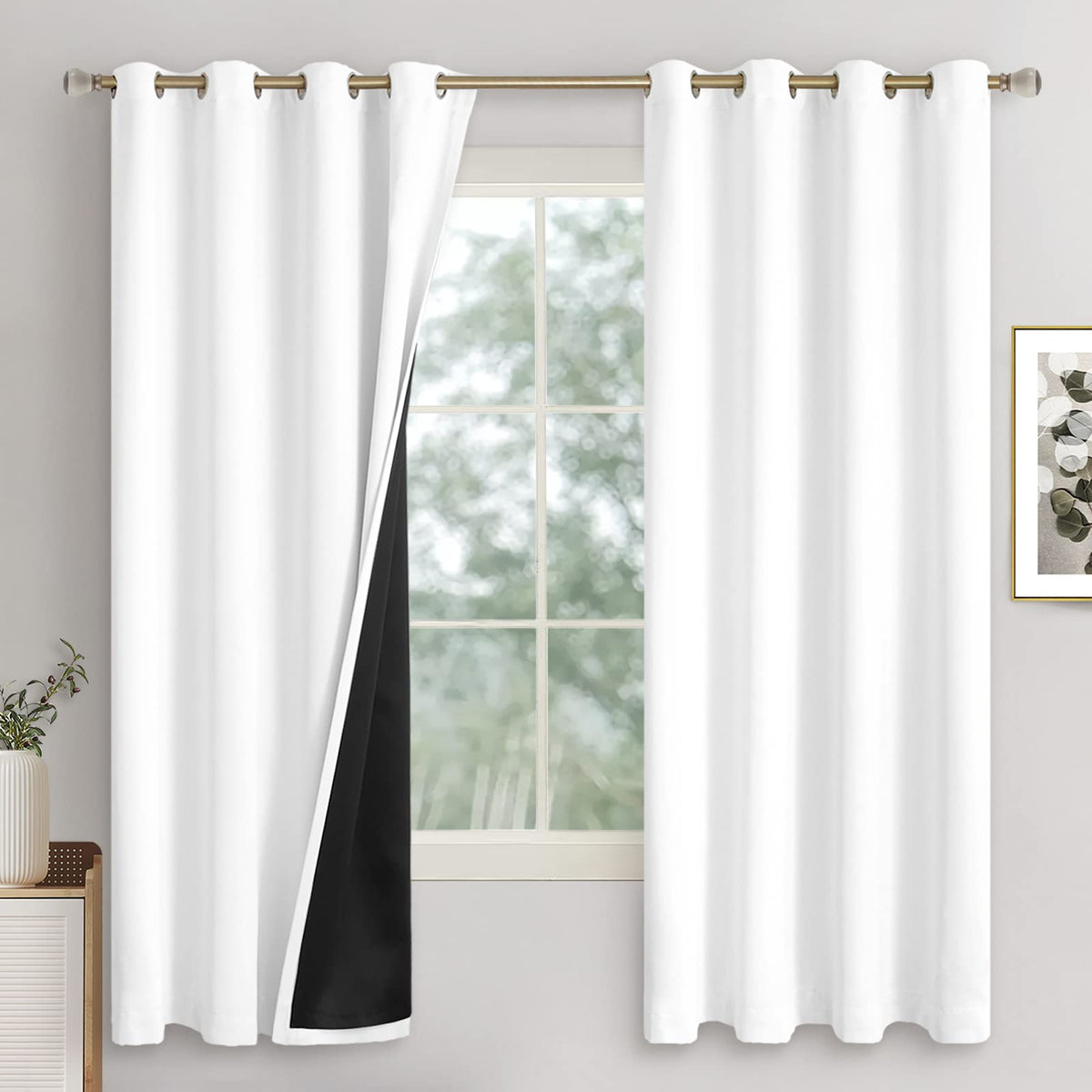 Quemas White Blackout Curtains 63 Inches Length 2 Panels Set For Bedroom, Thermal Insulated 100% Light Blocking Soundproof Gromm