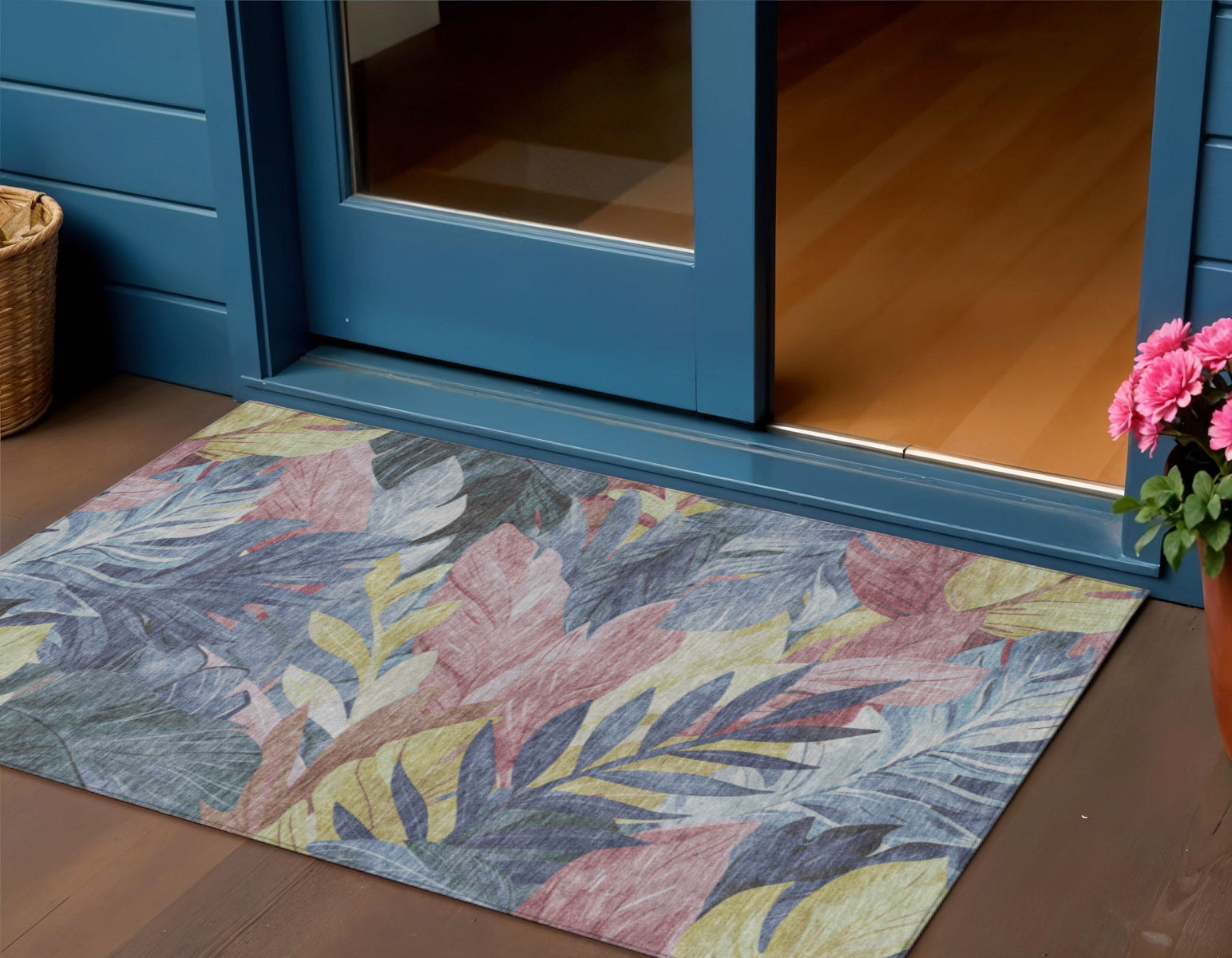 3 X 5 Denim Blue And Blush Floral Washable Indoor Outdoor Area Rug
