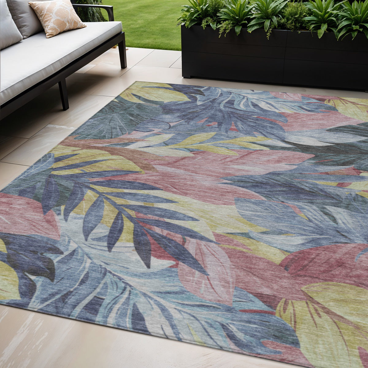 5 X 8 Denim Blue And Blush Floral Washable Indoor Outdoor Area Rug