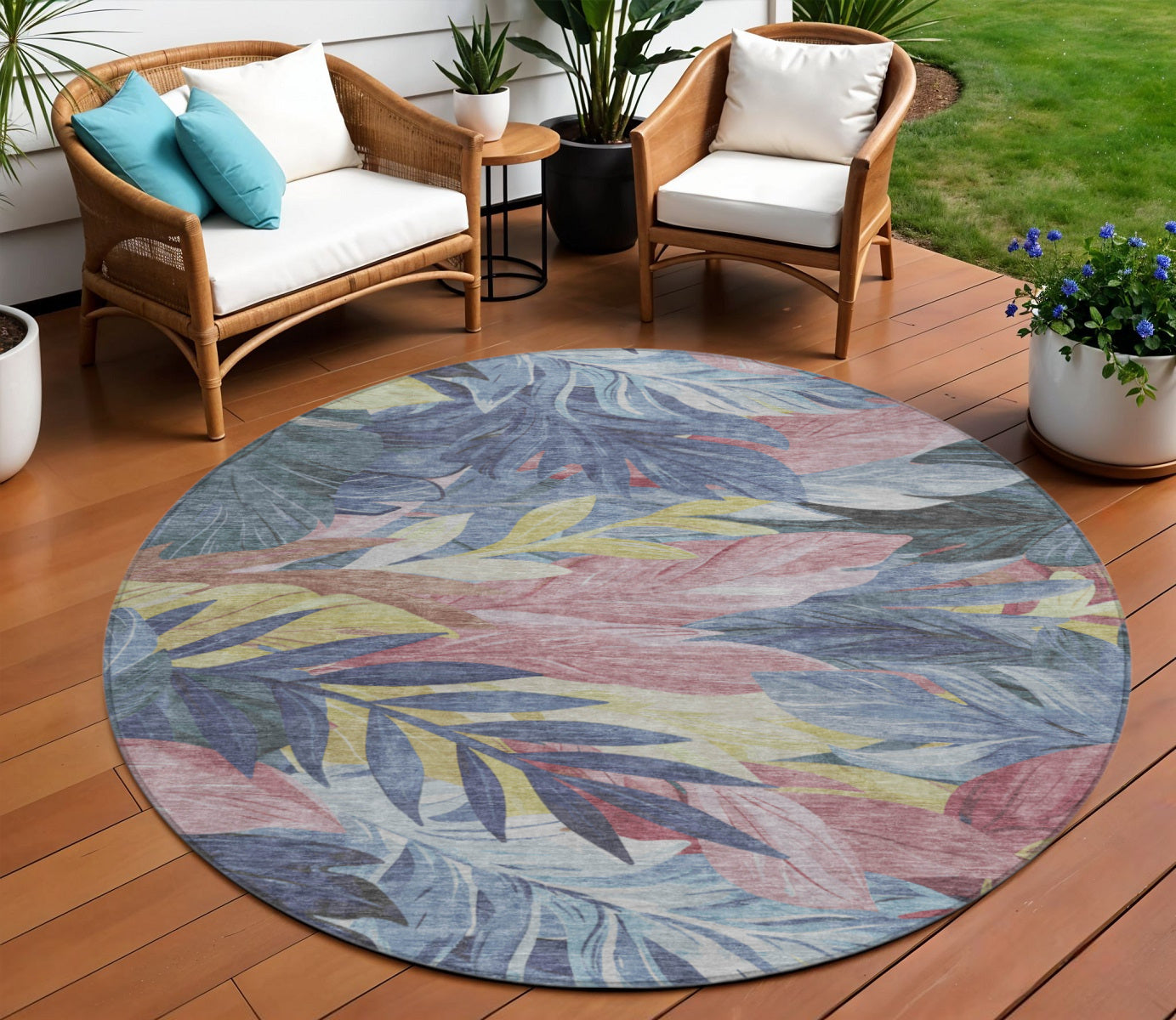 8 Denim Blue And Blush Round Floral Washable Indoor Outdoor Area Rug