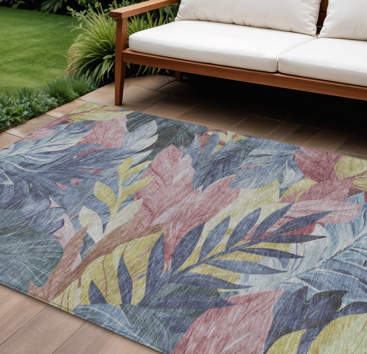 8 X 10 Denim Blue And Blush Floral Washable Indoor Outdoor Area Rug