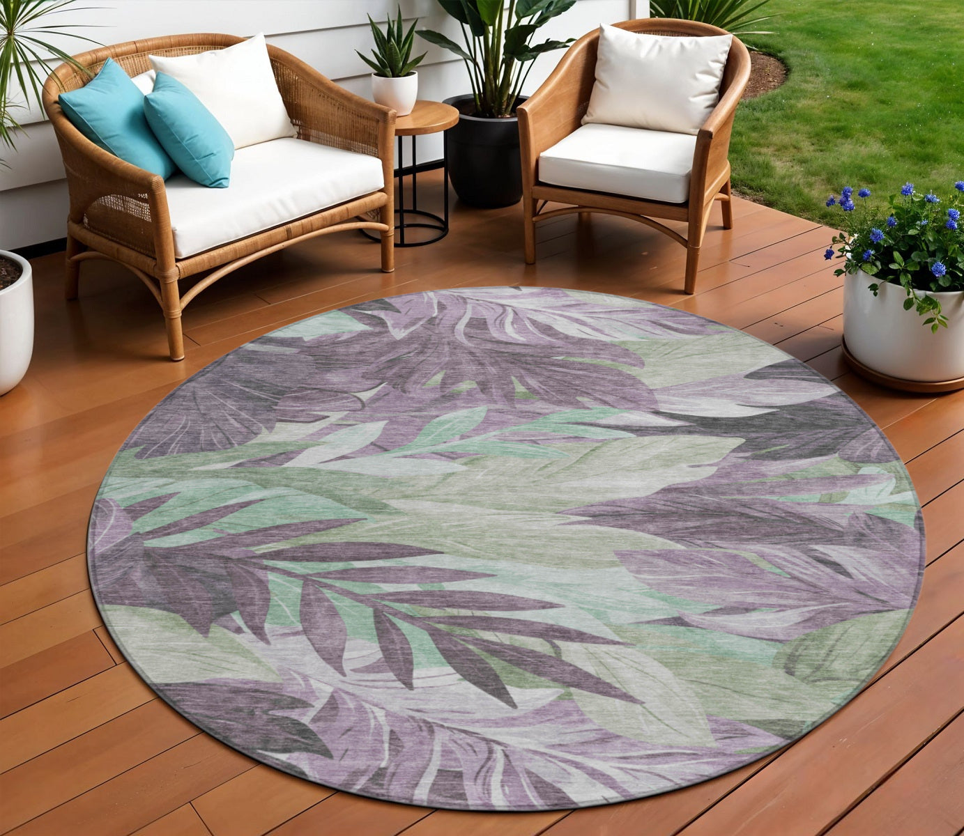 8 Lavender And Lilac Round Floral Washable Indoor Outdoor Area Rug