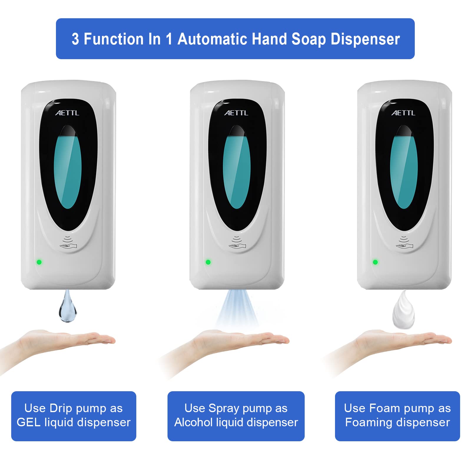 Aettl Touchless Automatic Foaming Hand Soap Dispenser Wall Mount, Motion Sensor Foam Liquid Refill Bottle Sanitizer Dispensing F