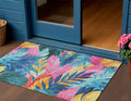 3 X 5 Sky Blue And Pink Floral Washable Indoor Outdoor Area Rug