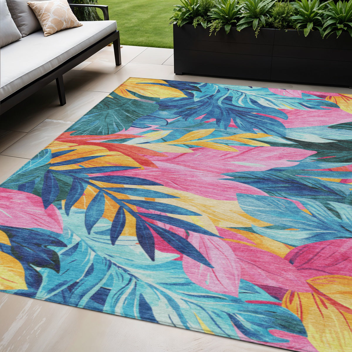 5 X 8 Sky Blue And Pink Floral Washable Indoor Outdoor Area Rug
