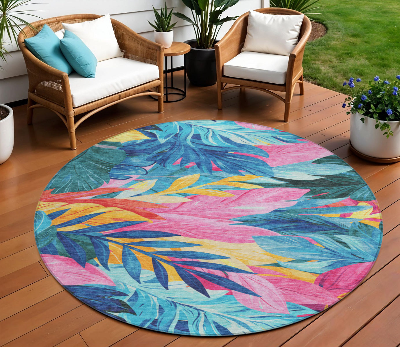 8 Sky Blue And Pink Round Floral Washable Indoor Outdoor Area Rug