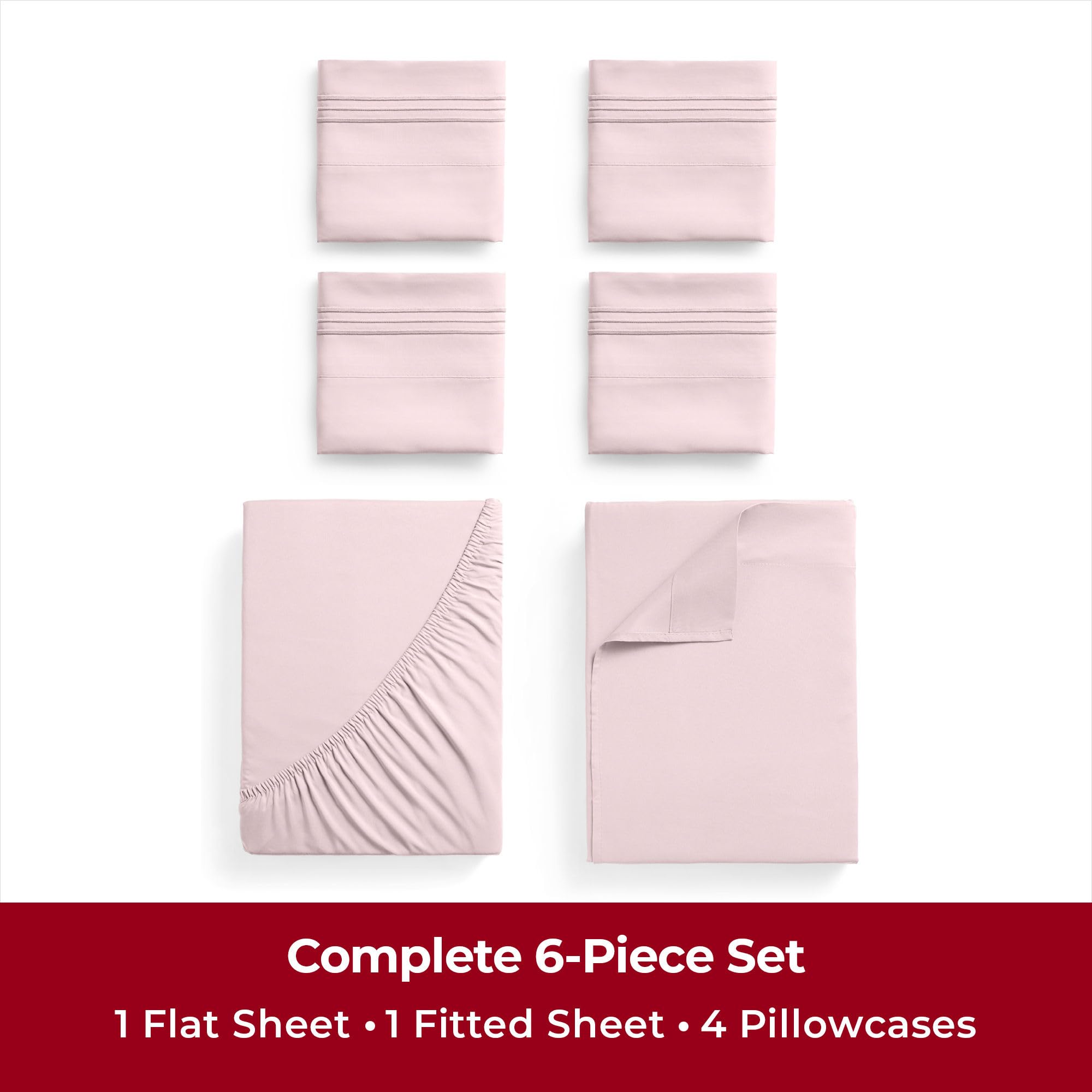 Mellanni Full Sheet Set - 6-Piece Iconic Collection Bedding, (Including 4 Pillowcases), 16-Inch Deep Pocket, Easy Care, Extra Soft, Cooling Sheets, Brushed Microfiber - Blush Pink