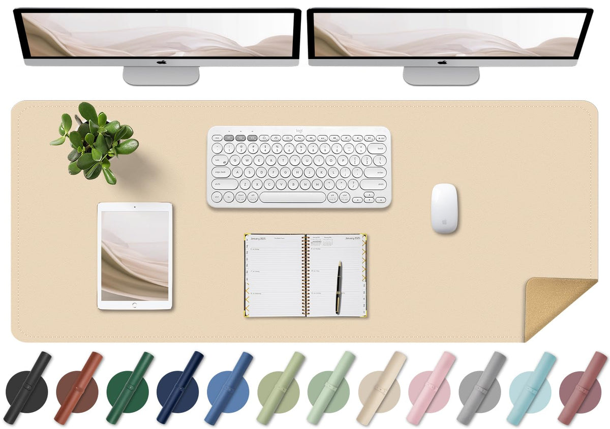 Large Apricot Pu Leather Desk Mat, 55' X 17', Non-Slip Computer Mat For Home & Office, Laptop Desk Blotter Pad For Mouse And K