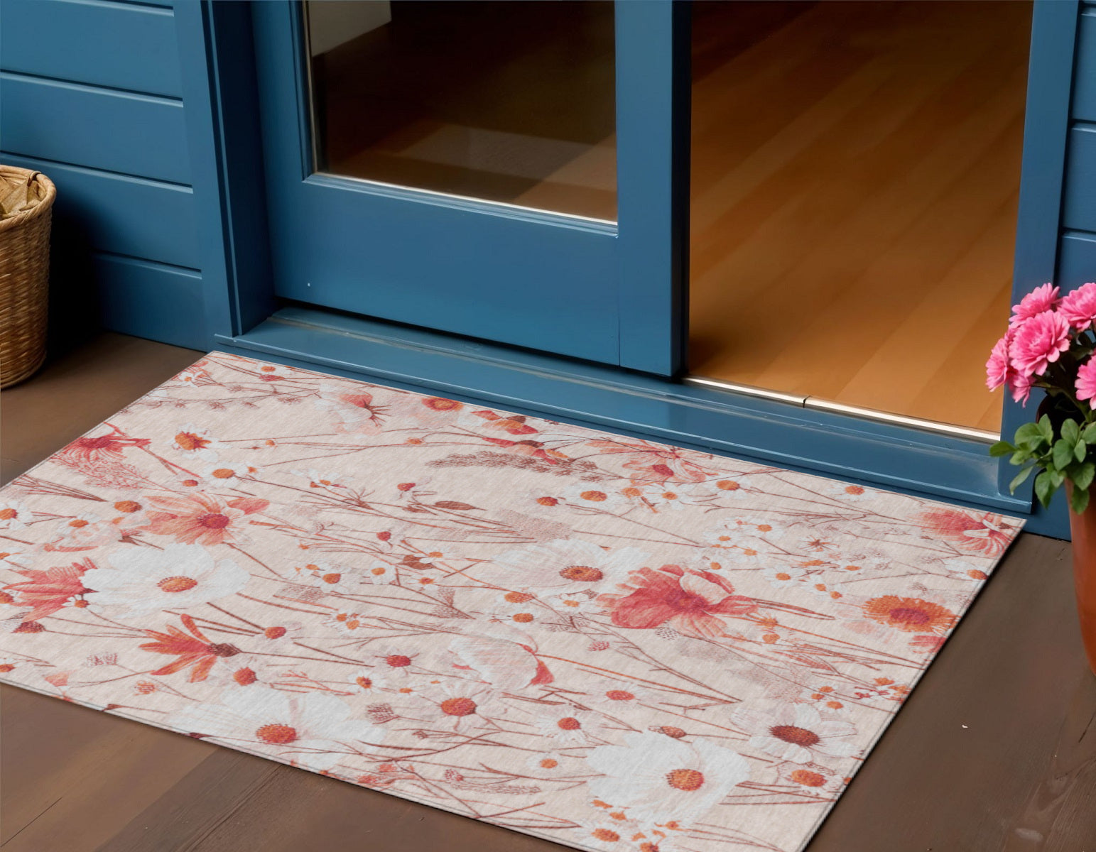 3 X 5 Salmon And Coral Floral Washable Indoor Outdoor Area Rug