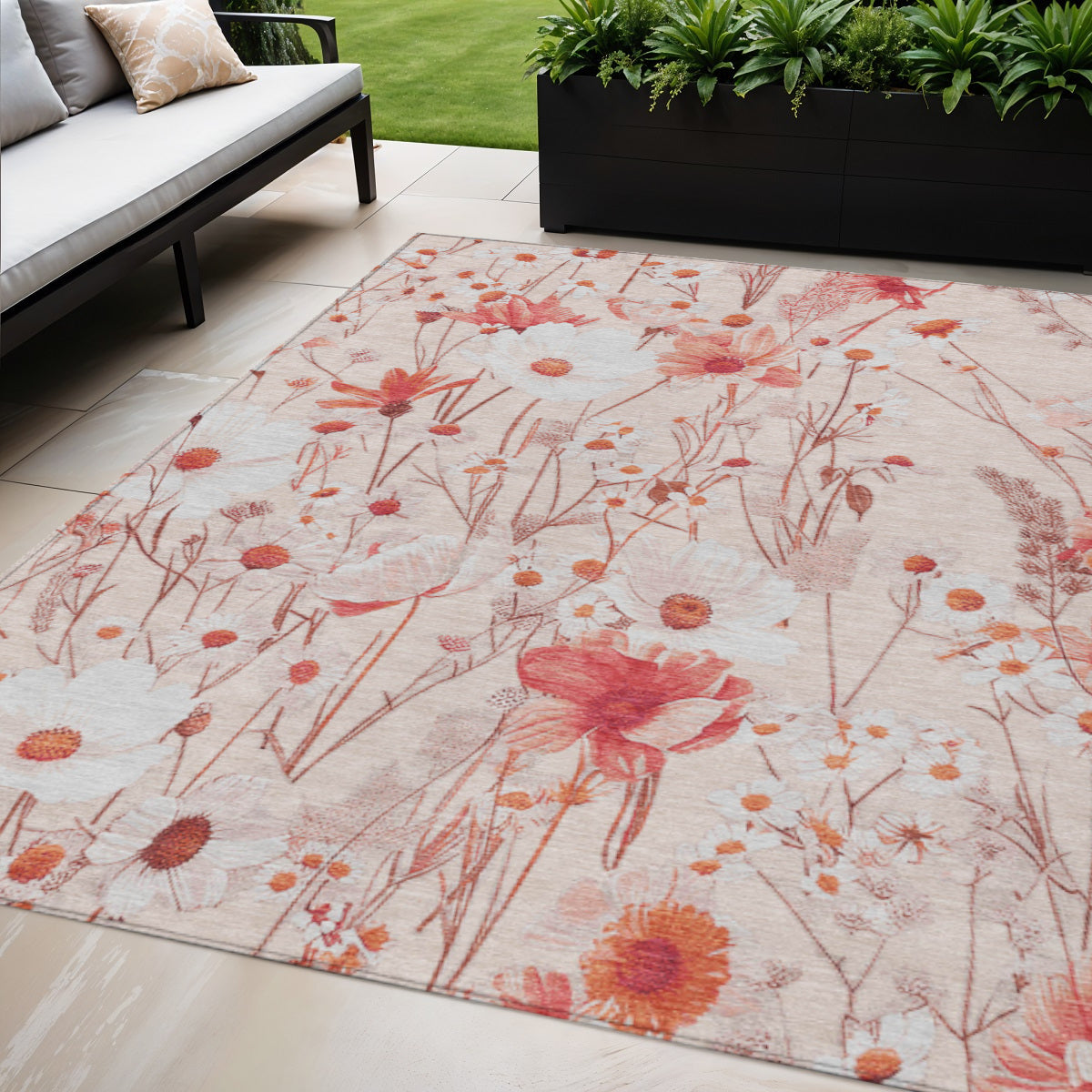 5 X 8 Salmon And Coral Floral Washable Indoor Outdoor Area Rug