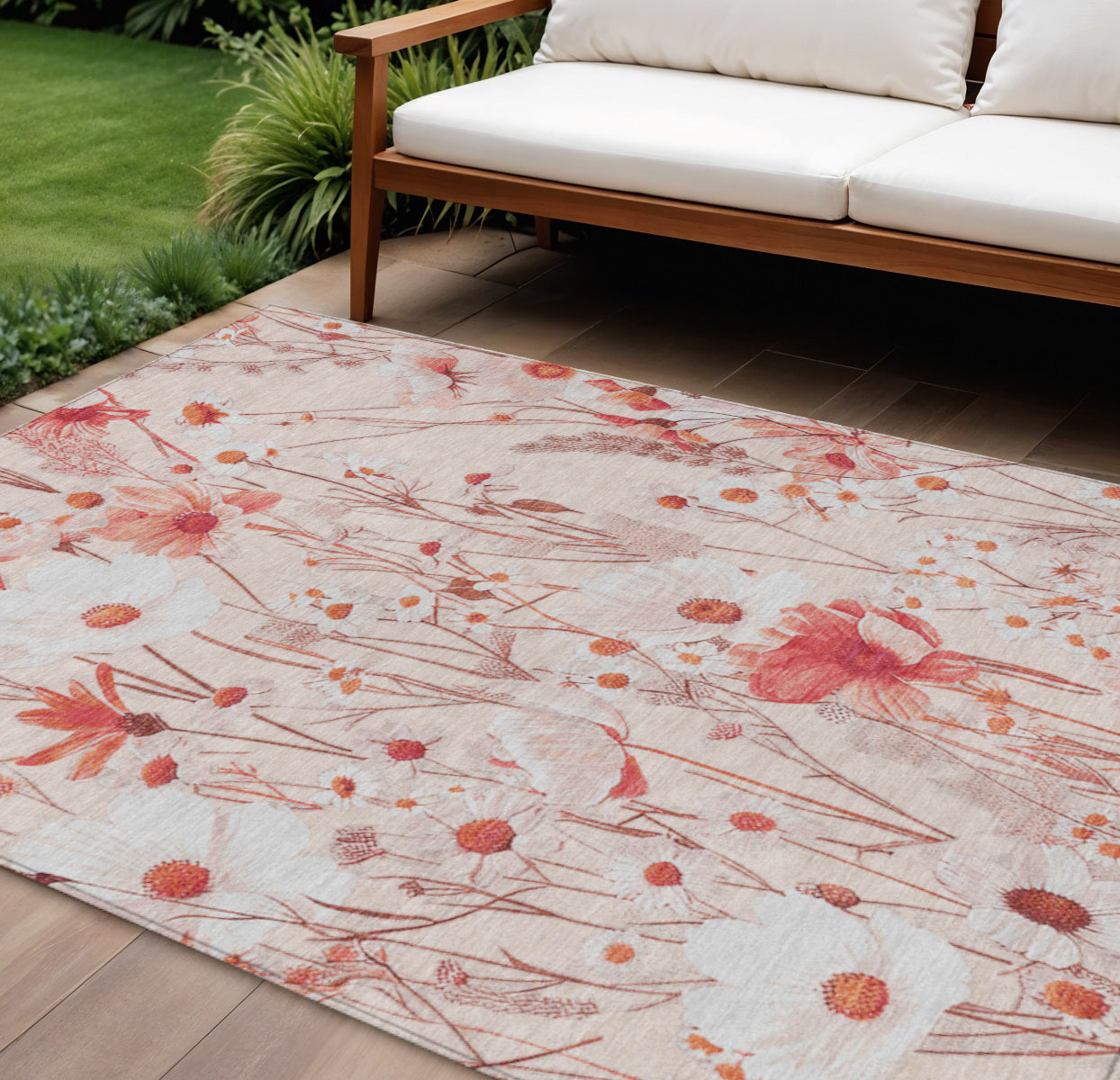 9 X 12 Salmon And Coral Floral Washable Indoor Outdoor Area Rug