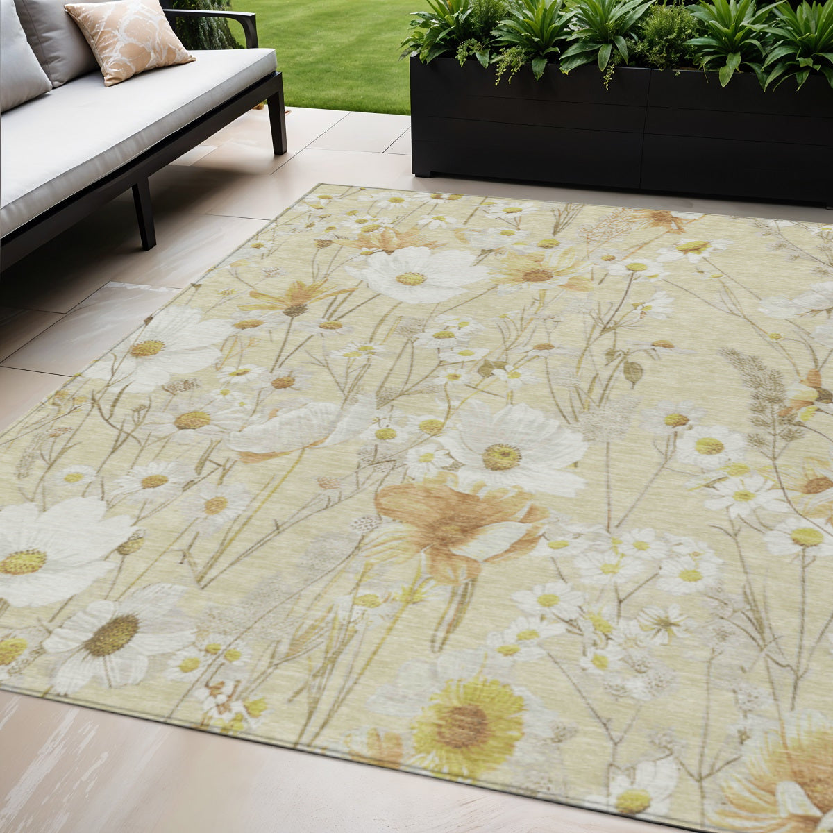 5 X 8 Wheat And Ivory Floral Washable Indoor Outdoor Area Rug