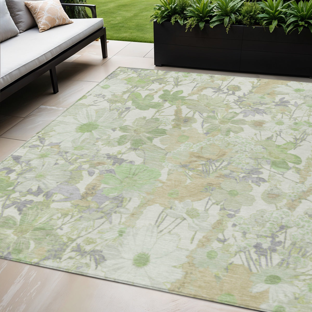 5 X 8 Artichoke Green Lavender And Beige Floral Washable Indoor Outdoor Area Rug
