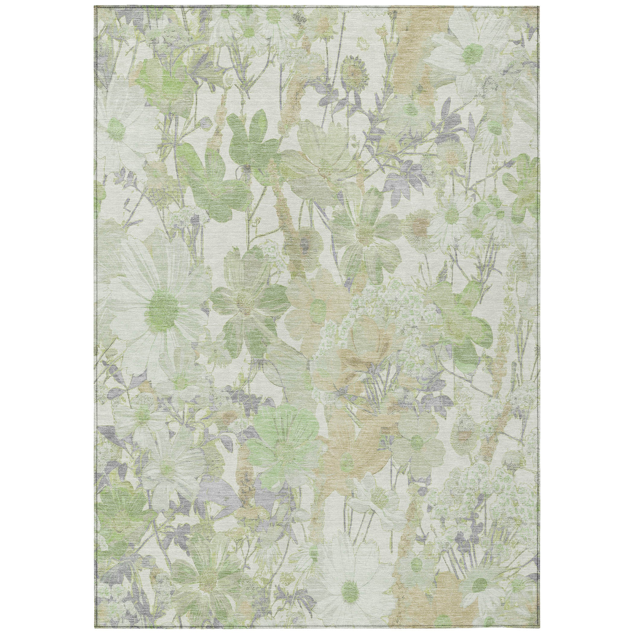 8 X 10 Artichoke Green Lavender And Beige Floral Washable Indoor Outdoor Area Rug
