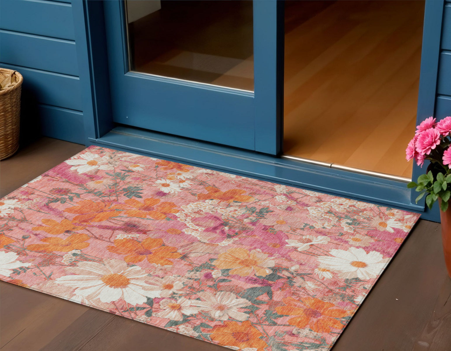 3 X 5 Blush Pink And Orange Floral Washable Indoor Outdoor Area Rug