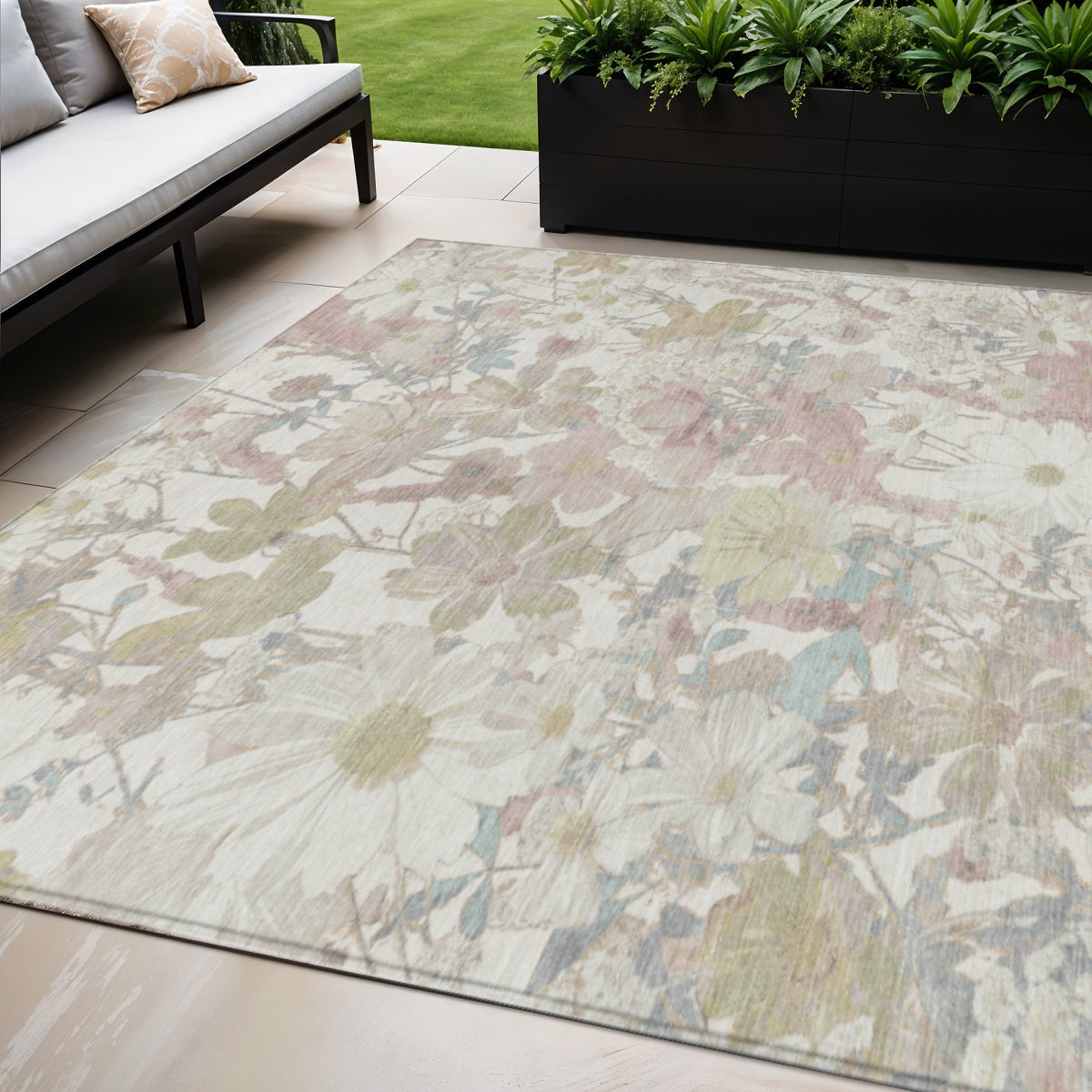 5 X 8 Ivory Beige And Linen Floral Washable Indoor Outdoor Area Rug