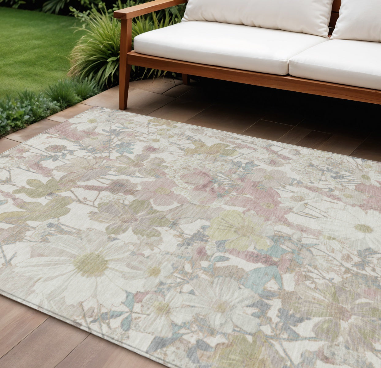 10 X 14 Ivory Beige And Linen Floral Washable Indoor Outdoor Area Rug