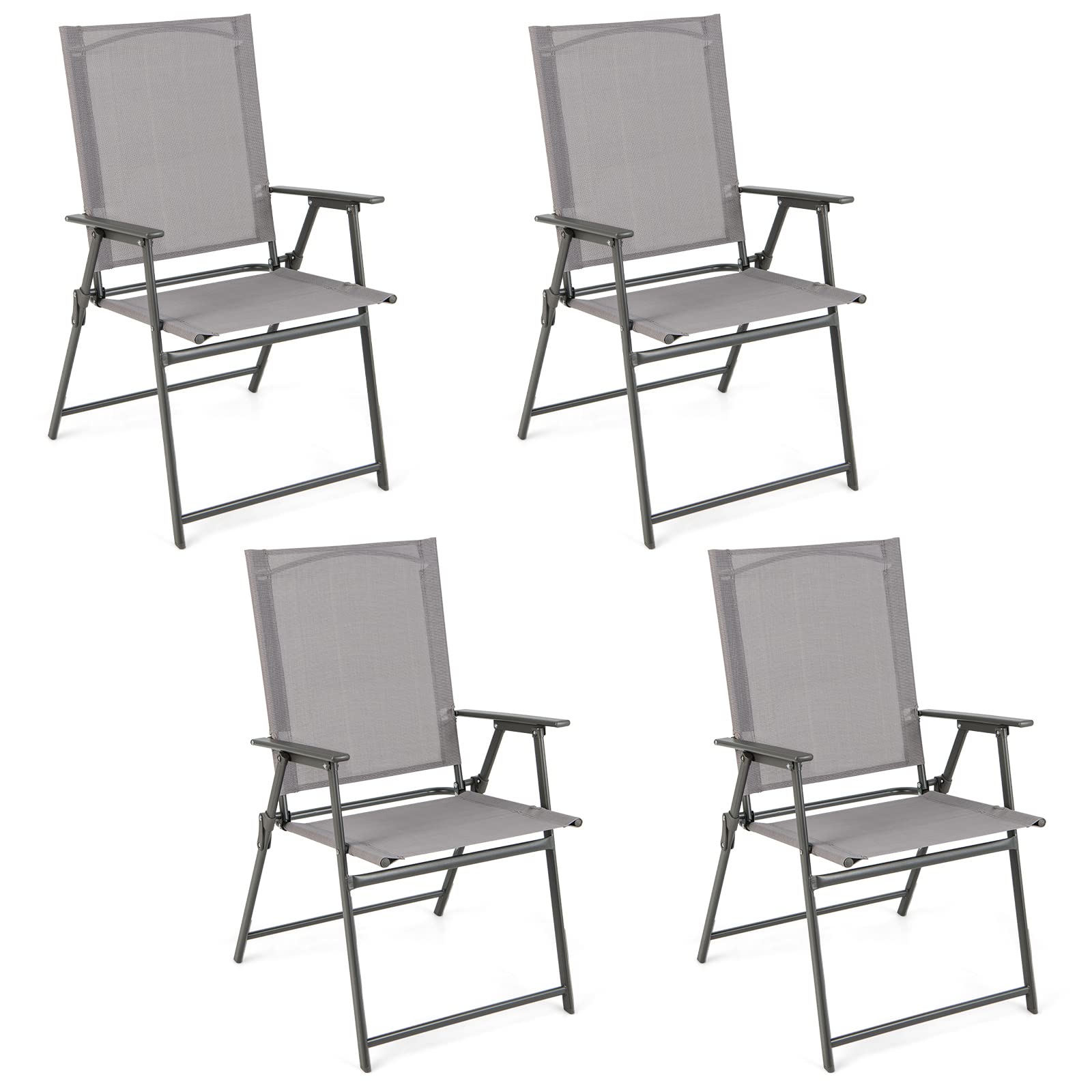 Giantex Patio Folding Chairs Set Of 4, Outdoor Lawn Chairs With Rustproof Metal Frame, Portable Dining Chairs For Porch, Deck, Garden, Backyard, Camping, Gray
