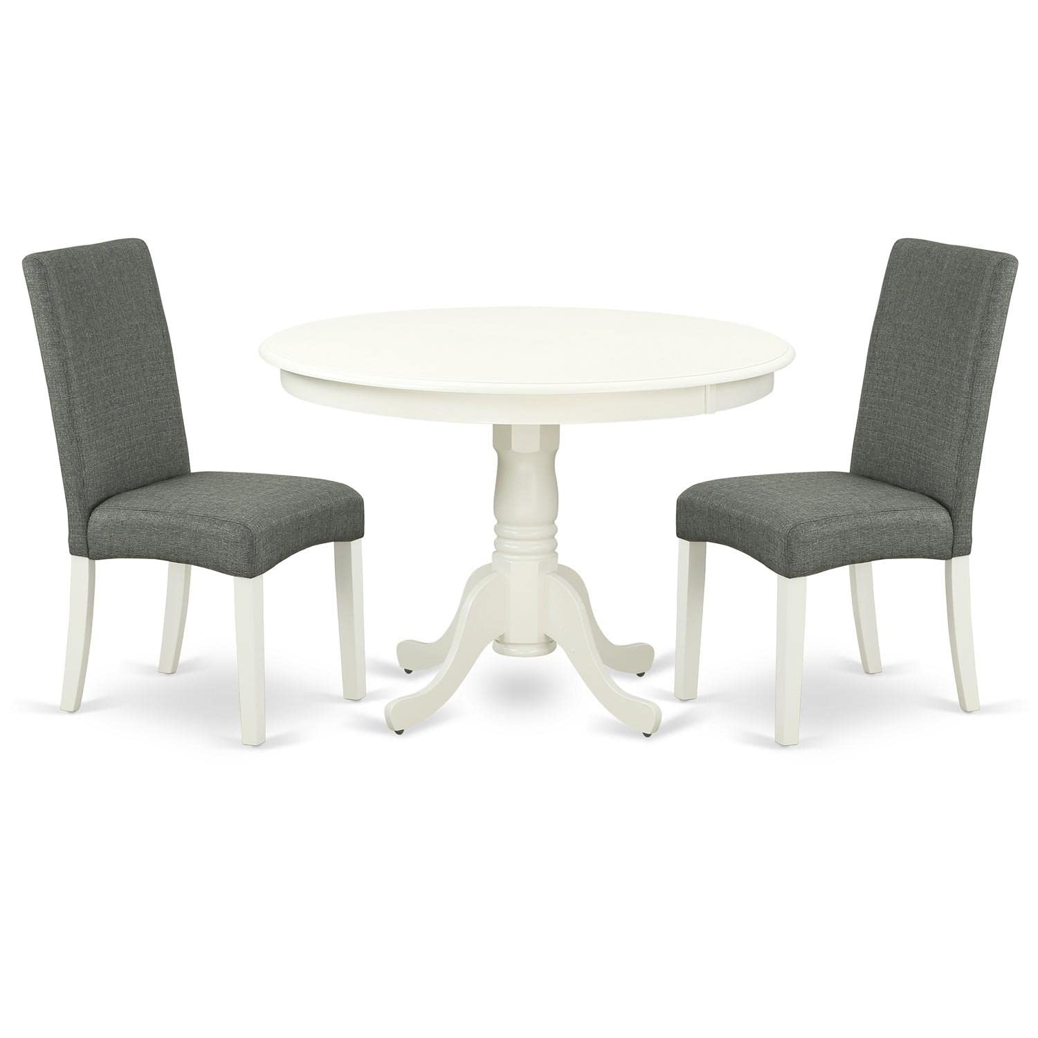 East West Furniture Hldr3-Lwh-07 3 Piece Modern Dining Table Set Contains A Round Wooden Table With Pedestal And 2 Gray Linen Fabric Parsons Dining Chairs, 42X42 Inch, Linen White
