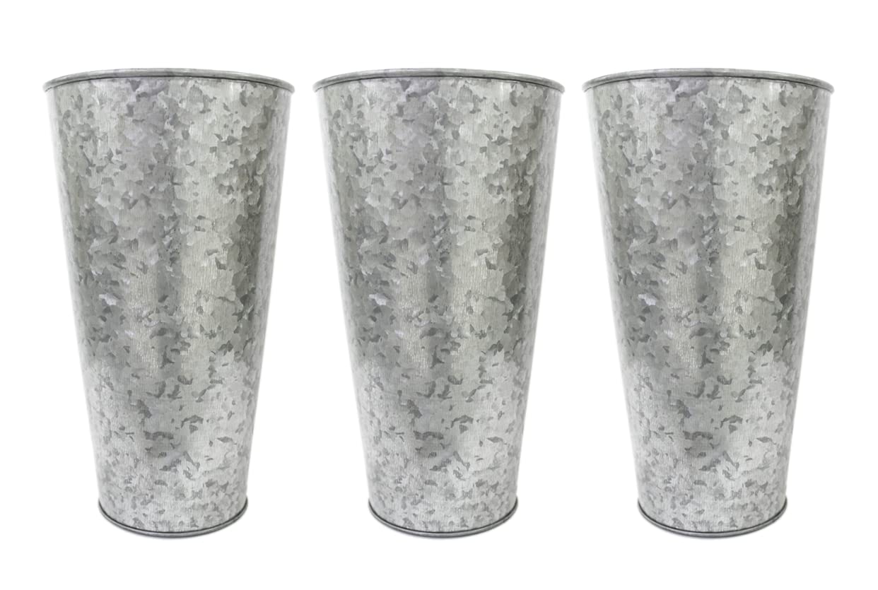 Hosley Enhance Your Decor with Set of 3 Galvanized Vases/French Buckets - 9'' High Rustic Metal Flower Containers for Farmhouse 