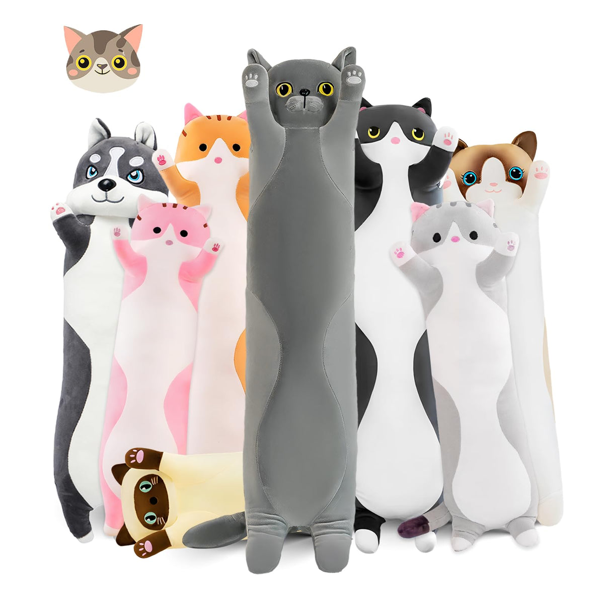 Nxnynz Long Cat Plush Pillow, 43.3In Cute Gray Cat Plushie Stuffed Animals Body Pillow, Kawaii Kitten Soft Plushie Doll Toy Birt