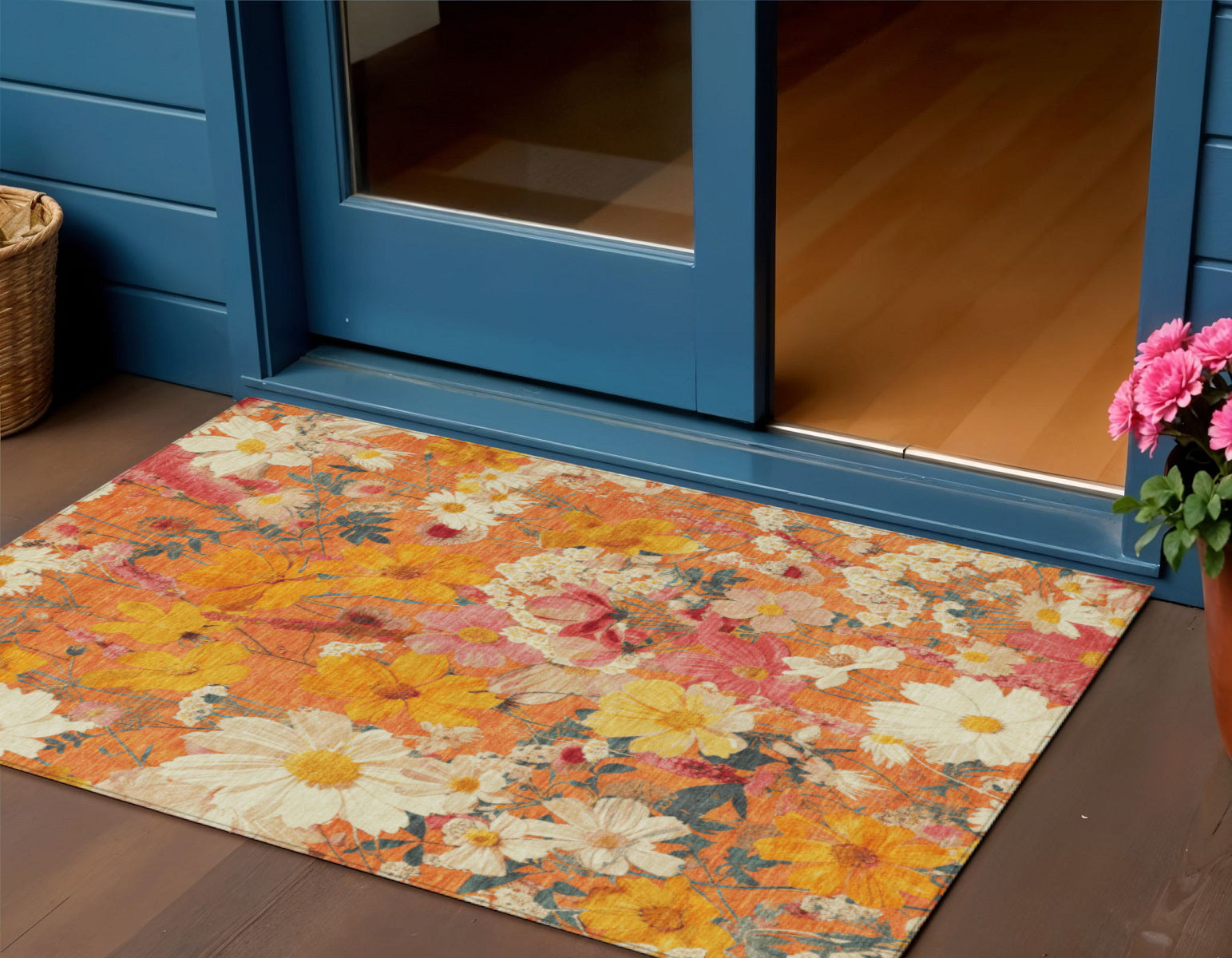 3 X 5 Orange Peach And Salmon Floral Washable Indoor Outdoor Area Rug