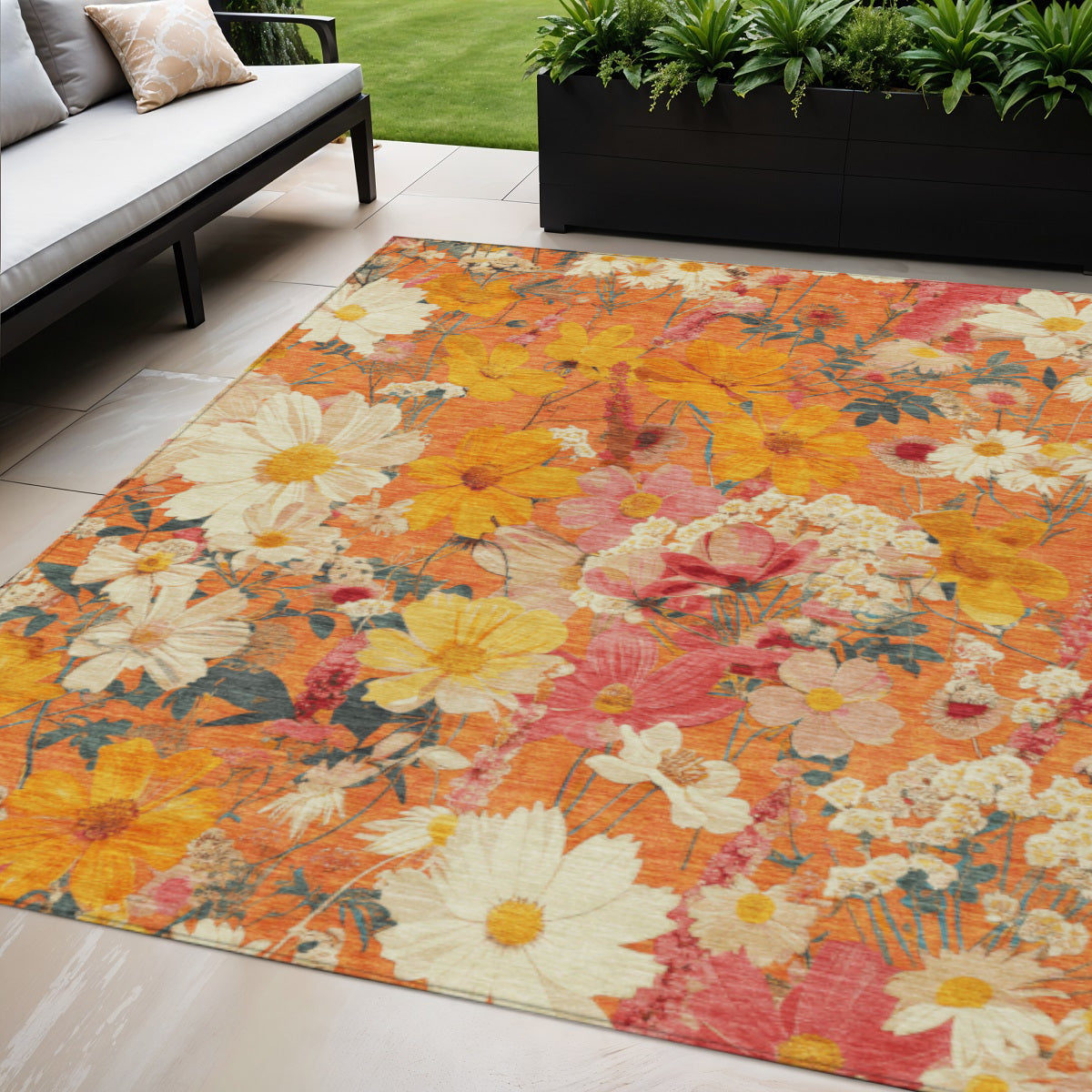 5 X 8 Orange Peach And Salmon Floral Washable Indoor Outdoor Area Rug