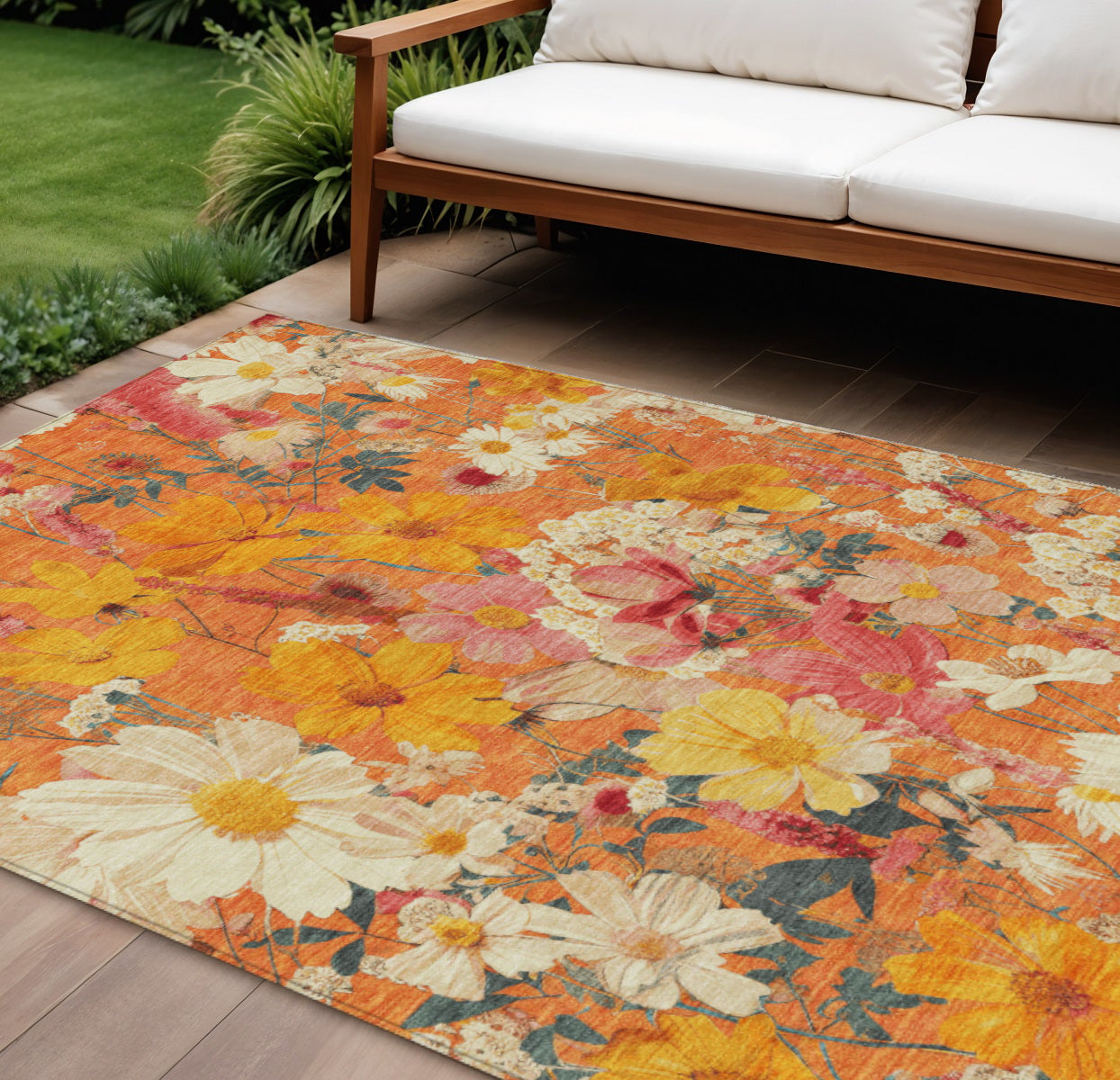 10 X 14 Orange Peach And Salmon Floral Washable Indoor Outdoor Area Rug