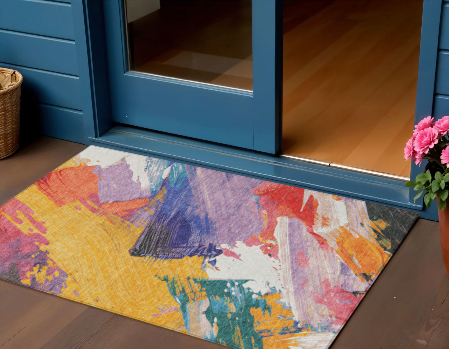 3 X 5 Gold Purple And Teal Blue Abstract Washable Indoor Outdoor Area Rug