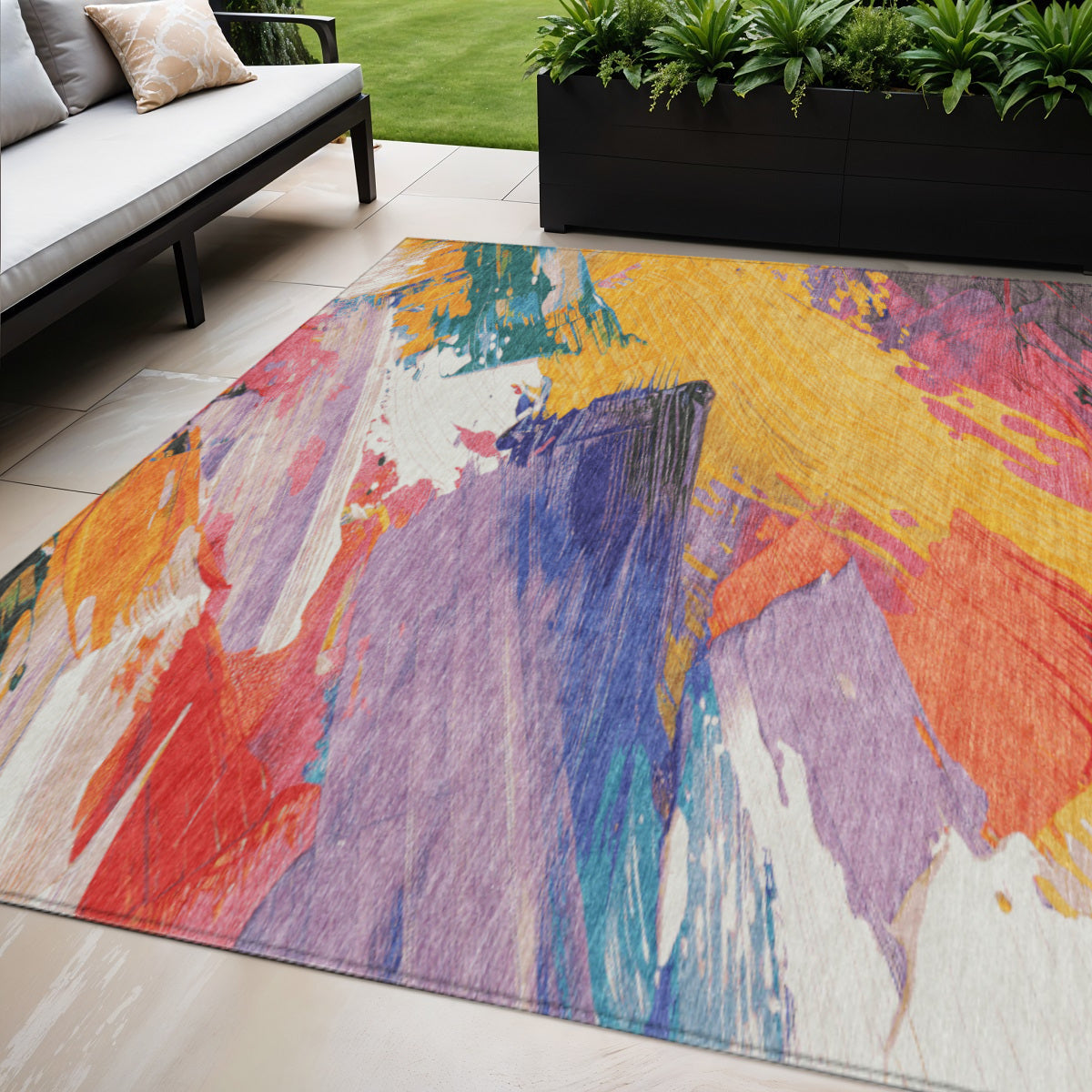 5 X 8 Gold Purple And Teal Blue Abstract Washable Indoor Outdoor Area Rug
