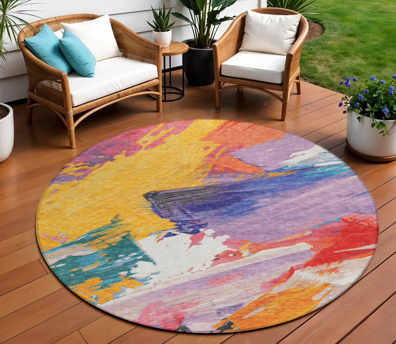 8 Gold Purple And Teal Blue Round Abstract Washable Indoor Outdoor Area Rug