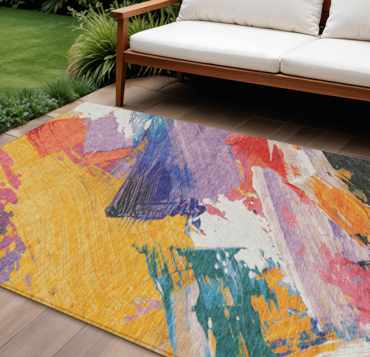 9 X 12 Gold Purple And Teal Blue Abstract Washable Indoor Outdoor Area Rug