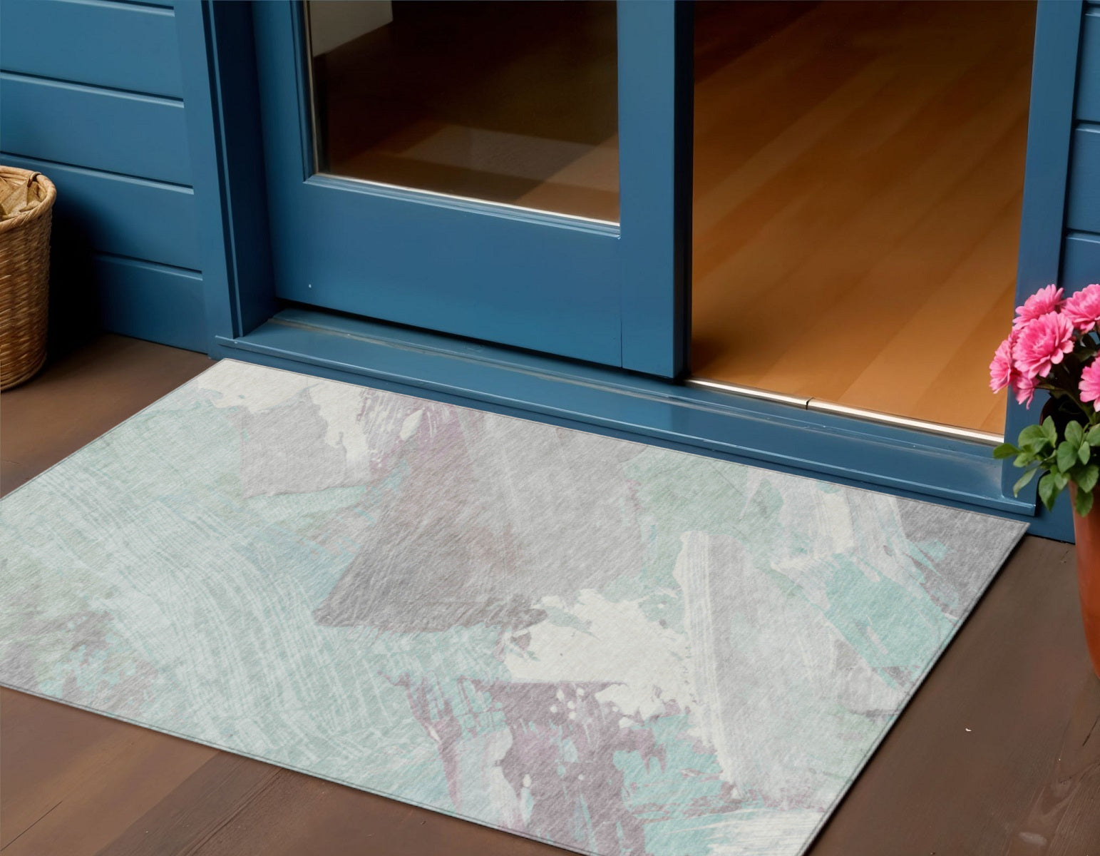 3 X 5 Blue Teal Blue And Gray Abstract Washable Indoor Outdoor Area Rug