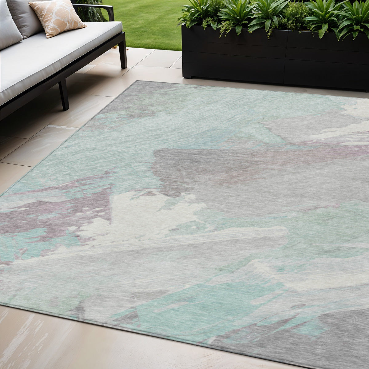 5 X 8 Blue Teal Blue And Gray Abstract Washable Indoor Outdoor Area Rug