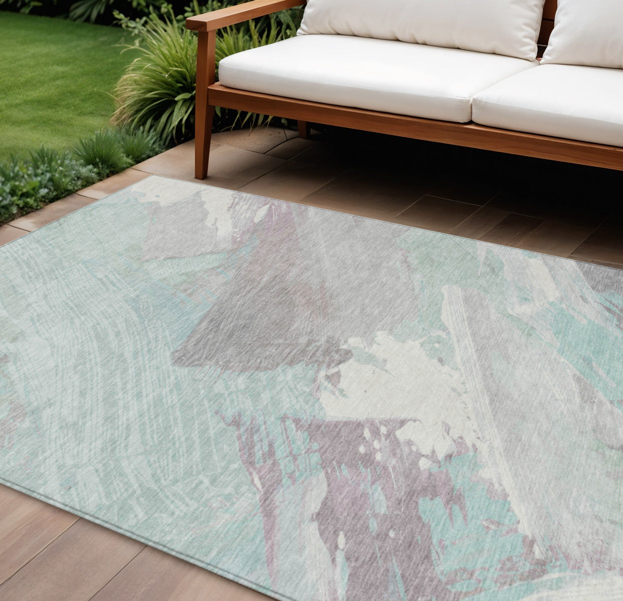 9 X 12 Blue Teal Blue And Gray Abstract Washable Indoor Outdoor Area Rug