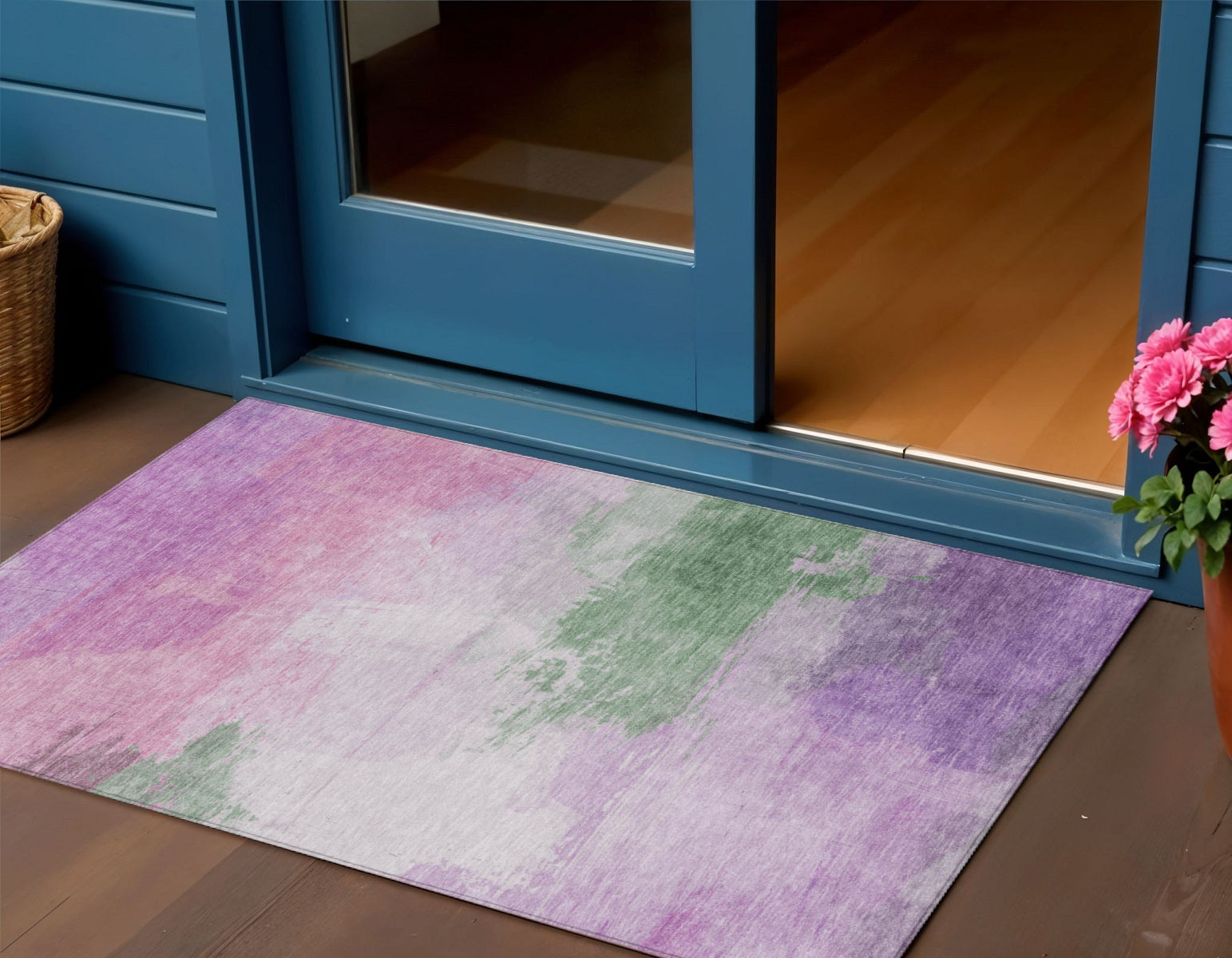 3 X 5 Lilac Lavender And Green Abstract Washable Indoor Outdoor Area Rug