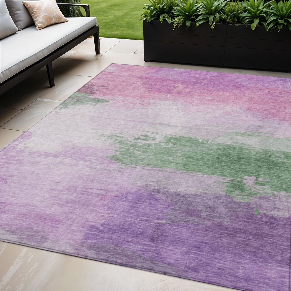 5 X 8 Lilac Lavender And Green Abstract Washable Indoor Outdoor Area Rug