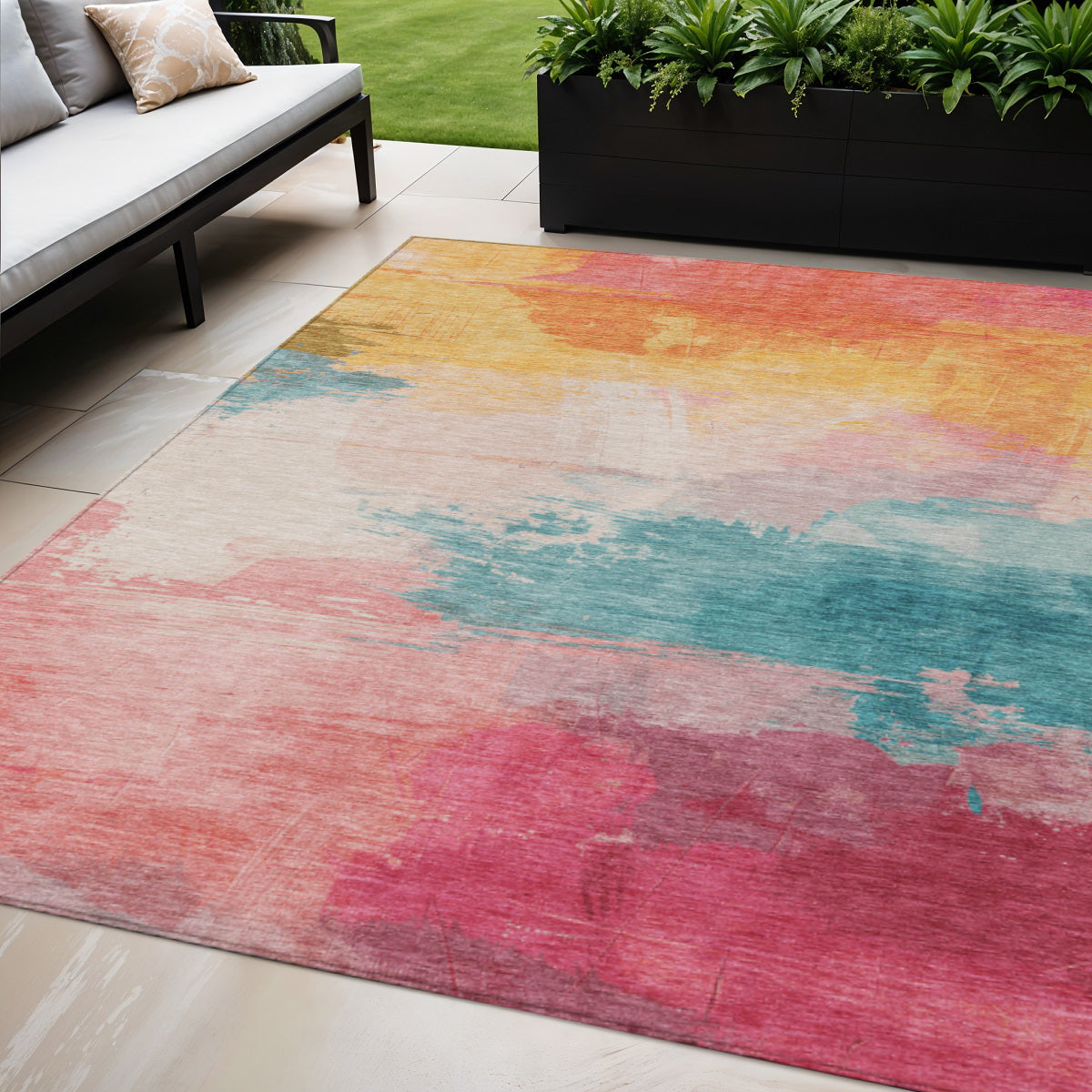 5 X 8 Pink Gold And Teal Blue Abstract Washable Indoor Outdoor Area Rug