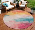 8 Pink Gold And Teal Blue Round Abstract Washable Indoor Outdoor Area Rug