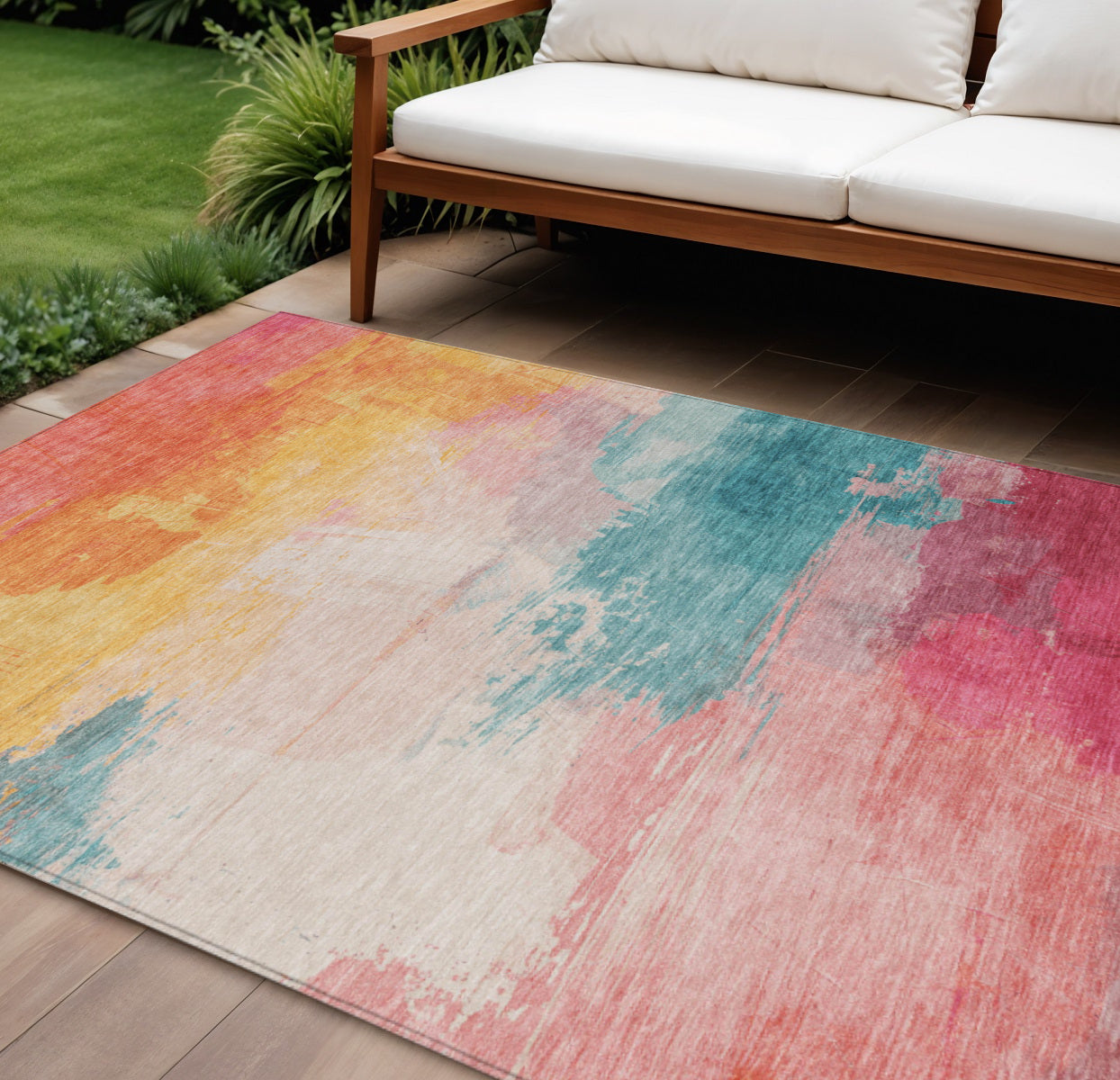 8 X 10 Pink Gold And Teal Blue Abstract Washable Indoor Outdoor Area Rug