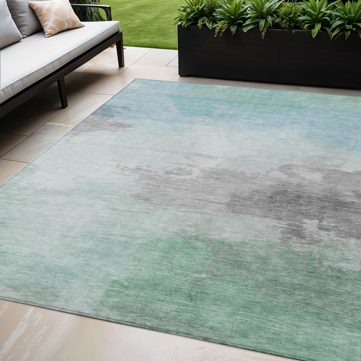 5 X 8 Blue And Mint Green Abstract Washable Indoor Outdoor Area Rug