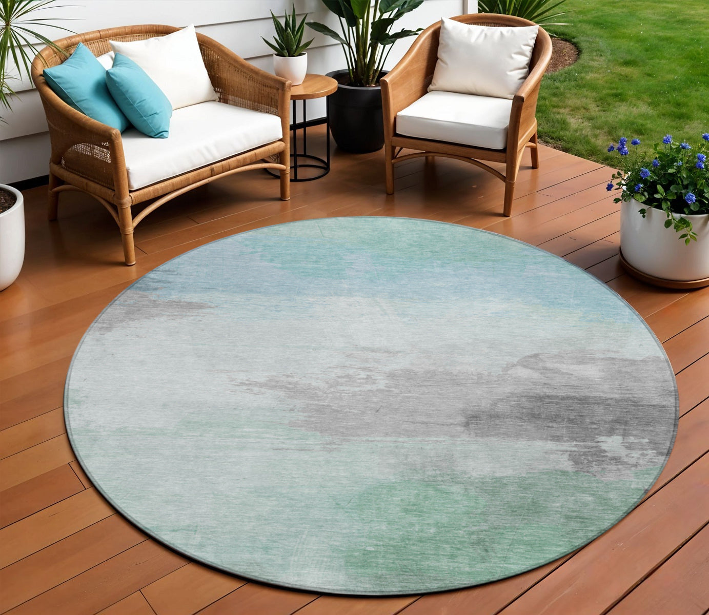8 Blue And Mint Green Round Abstract Washable Indoor Outdoor Area Rug