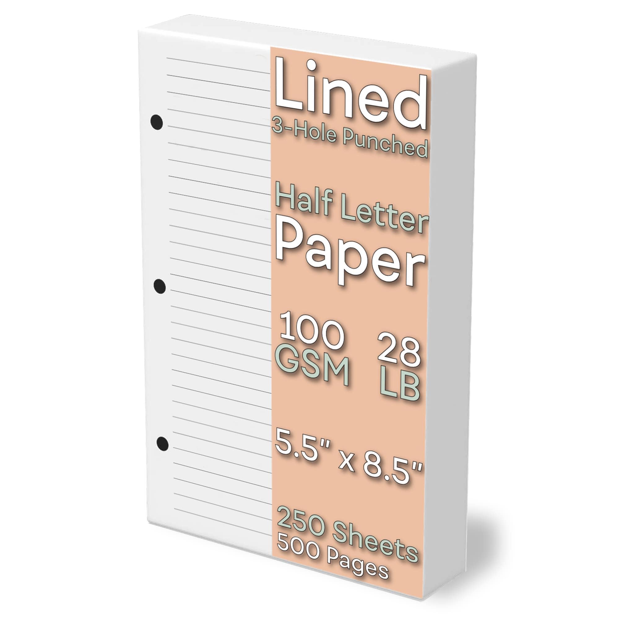 Half Letter Lined Paper, 3-Hole Punched, 500 Sheets/1,000 Pages, 100 Gsm, Printer Paper Binder Refill, 5.5 In. X 8.5 In., Fits I
