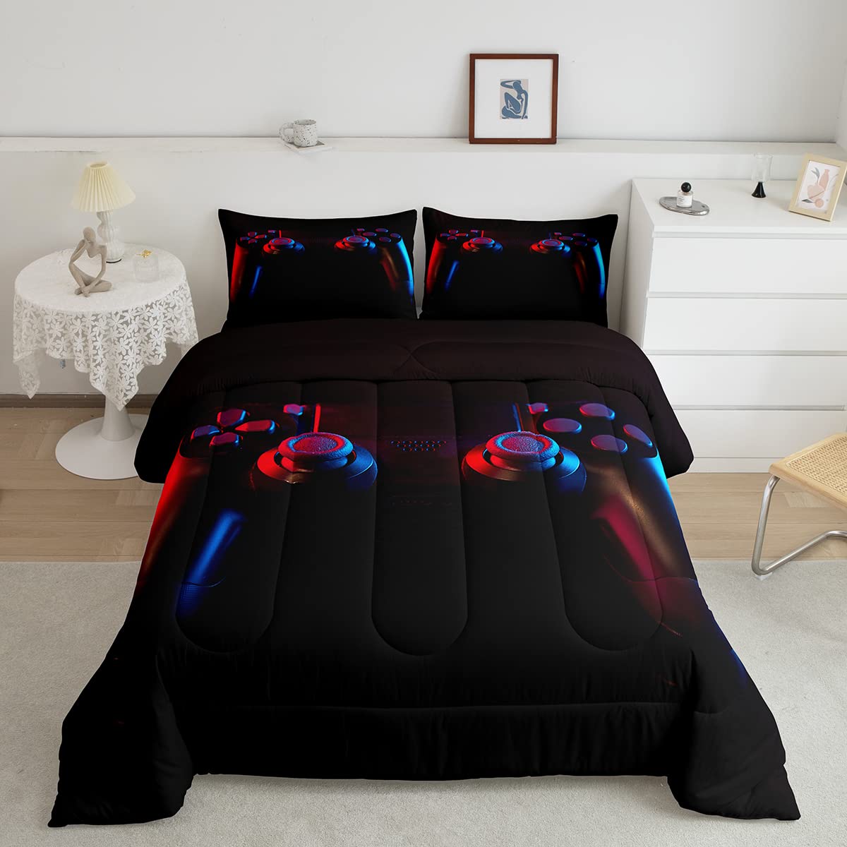 Gamer Comforter Set For Boys Girls Man Gaming Bedding Set,Black Gamepad Home Decor Player Video Game Duvet Insert Teens Kids 3 P