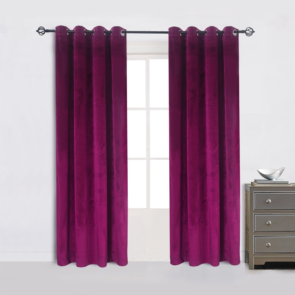 Cherry Home Velvet Blackout Curtains, 52W X 63L, Fushcia, 2 Panels, Grommet, Living Room & Bedroom, All Season, Privacy & Room D