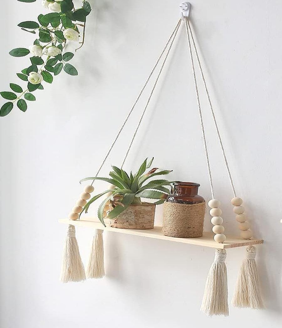 Acn Kohinoor Macrame Wall Hanging Shelf For Home Decor, Bohemian Floating Wooden Shelve For Bedroom, Living Room, Nursery And Ma