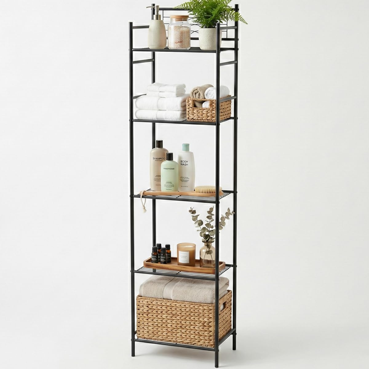 LEEDA 5Tier Metal Shelving Unit, Sturdy Bathroom Storage Shelf & Free Standing Towel Rack with Adjustable Feet, Open Floor Shel